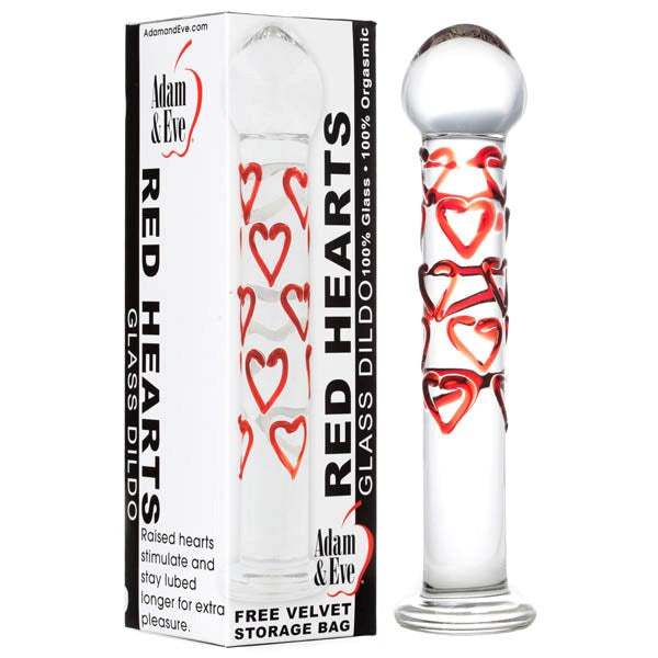 Adam & Eve Red Hearts Glass Dildo with Heart Textures - - Glass Sex Toys