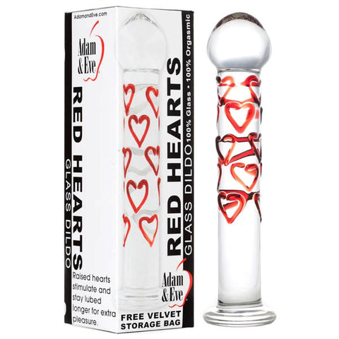 Adam & Eve Red Hearts Glass Dildo with Heart Textures - Glass Sex Toys