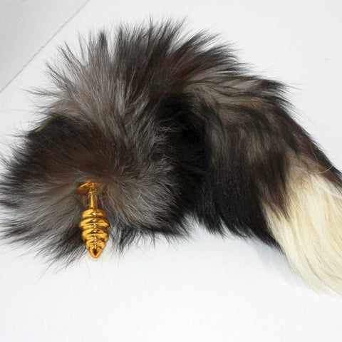 BDStyle Gray & White Faux Fox Tail & Metal Butt Plug Premium Metal Design - Steel Sex Toys