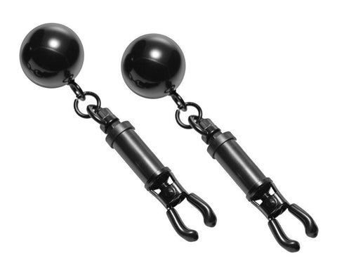 XR Brands Black Bomber Nipple Clamps With Ball Weights Adjustable Pressure - Breast and Nipple Toys