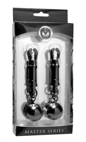 XR Brands Black Bomber Nipple Clamps With Ball Weights Adjustable Pressure - Breast and Nipple Toys