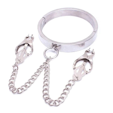 BDStyle Dominate Your Desires Breast Teasing Metal Collar & Clover Clamps - Collars and Leads
