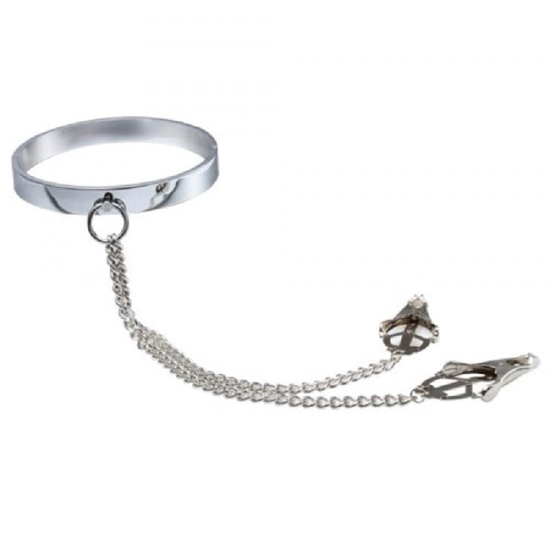 BDStyle Dominate Your Desires Breast Teasing Metal Collar & Clover Clamps - Collars and Leads