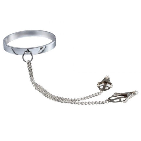 BDStyle Dominate Your Desires Breast Teasing Metal Collar & Clover Clamps - Collars and Leads