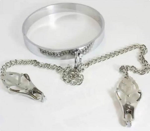 BDStyle Dominate Your Desires Breast Teasing Metal Collar & Clover Clamps - Collars and Leads