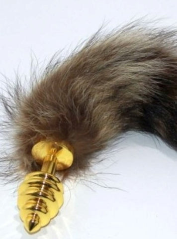 BDStyle Brown Faux Fox Tail Gold Ribbed Butt Plug Premium Role Play - Steel Sex Toys