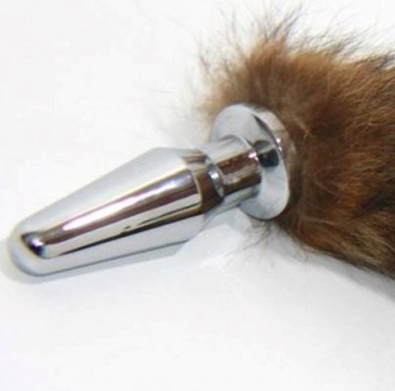 BDStyle Brown Faux Fox Tail Silver Long Butt Plug Premium Steel Design - Steel Sex Toys