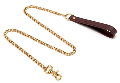 Coco de Mer Brown Leather Lead Premium BDSM Restraint with Brass Chain - Collars and Leads