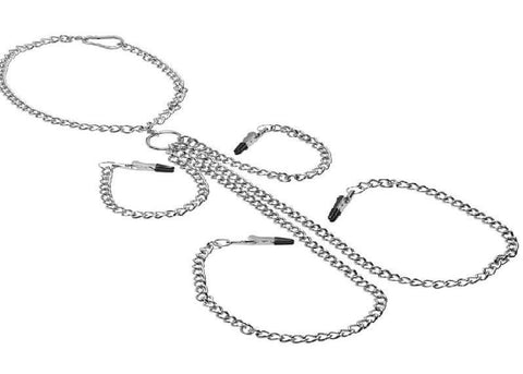 XR Brands Collar Nipple And Clit Clamp Set Chain Collar Design - Nipple and Clit Clamps