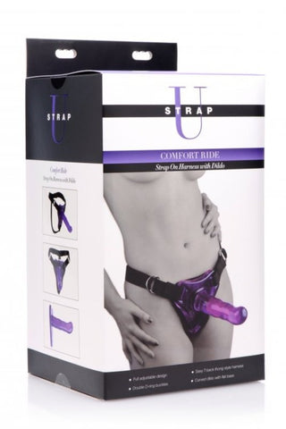 XR Brands Comfort Ride Strap On Harness with Purple Dildo Adjustable System - Strap On Sextoys