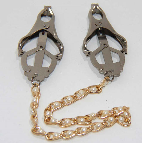 BDStyle Cripple Nipple Clover Clamps Pearls & Chain Non Adjustable Design - Breast and Nipple Toys