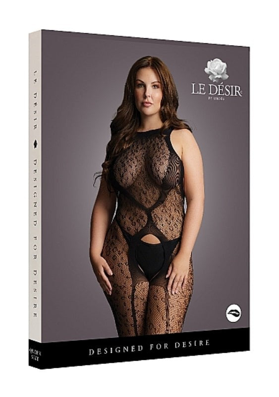 Shots Toys Crotchless Leopard Bodystocking Black Queen Size Premium Stretch - - Body Stockings