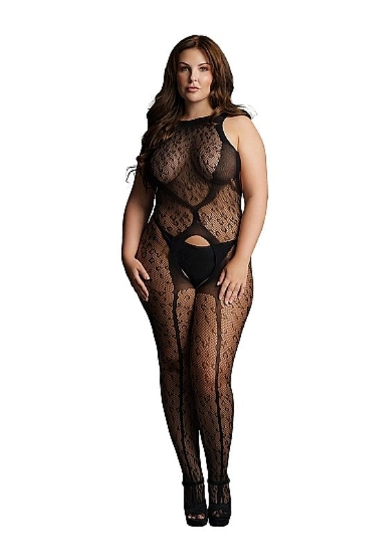 Shots Toys Crotchless Leopard Bodystocking Black Queen Size Premium Stretch - - Body Stockings