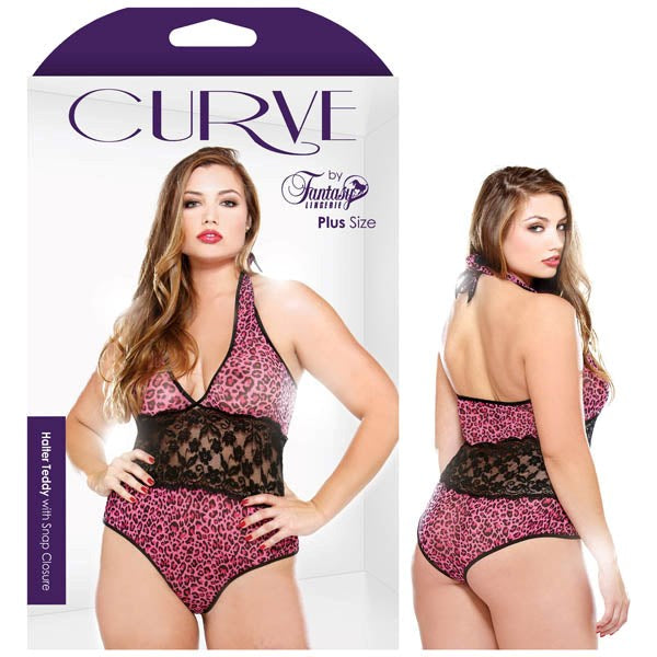 Fantasy Lingerie Curve Halter Teddy With Snap Closure Pink Animal Print - - Babydolls and Chemises