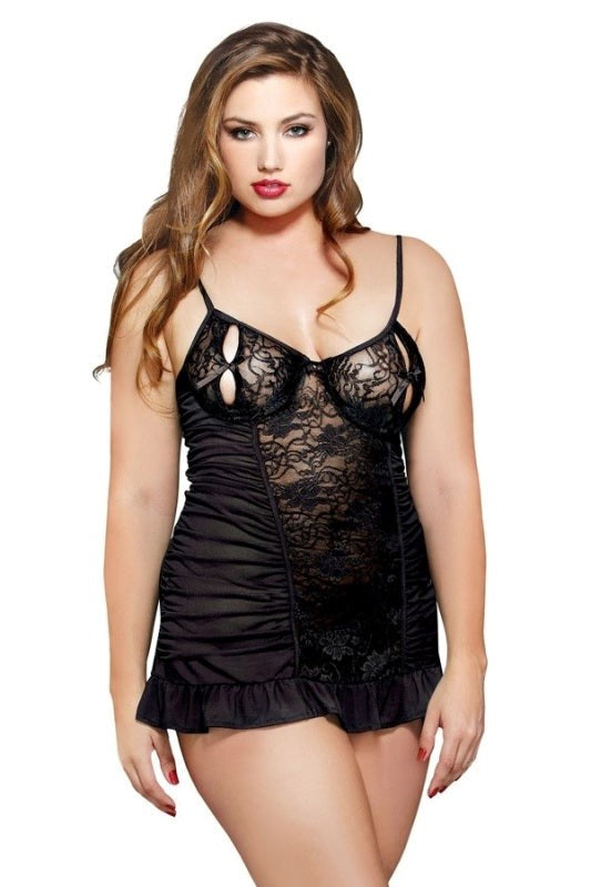 Fantasy Lingerie Curve Split Cup Underwire Chemise And Thong 3X/4X Black - - Babydolls and Chemises