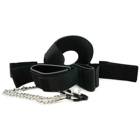 XR Brands Detained Restraint System with Nipple Clamps and Ring - Breast and Nipple Toys