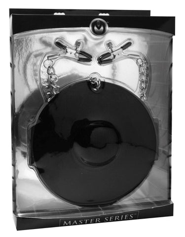 XR Brands Detained Restraint System with Nipple Clamps and Ring - Breast and Nipple Toys