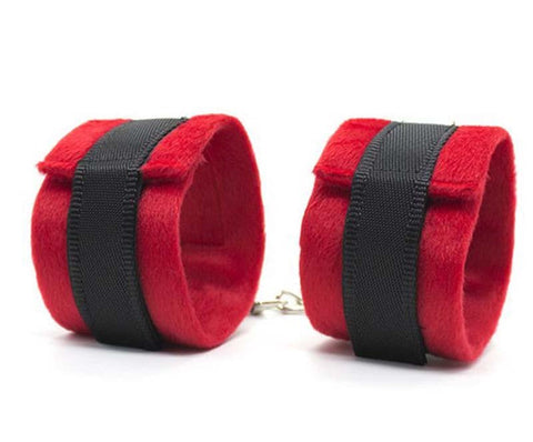 BDStyle Downy Fetish Play Cuffs Black And Red with Soft Fur Lining - Fancy Dress Ups