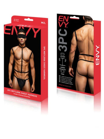 Envy 3pc Wetlook Chest Harness Set with Eye Mask and Jockstrap Thong - Cuffs and Restraints