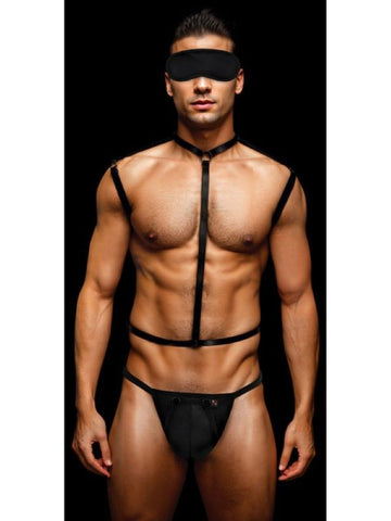Envy 3pc Wetlook Chest Harness Set with Eye Mask and Jockstrap Thong - Cuffs and Restraints
