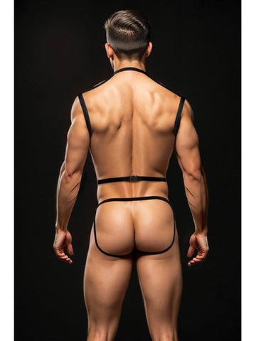 Envy 3pc Wetlook Chest Harness Set with Eye Mask and Jockstrap Thong - Cuffs and Restraints