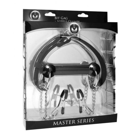 XR Brands Equine Silicone Bit Gag With Nipple Clamps for BDSM Control - Nipple and Clit Clamps