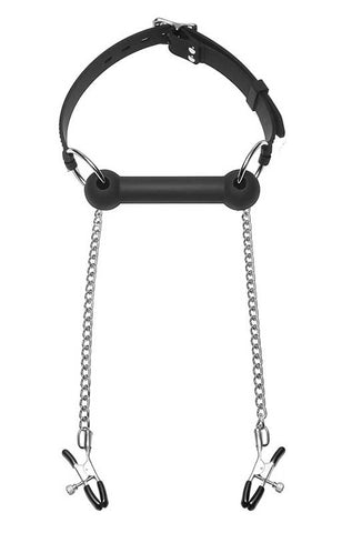 XR Brands Equine Silicone Bit Gag With Nipple Clamps for BDSM Control - Nipple and Clit Clamps