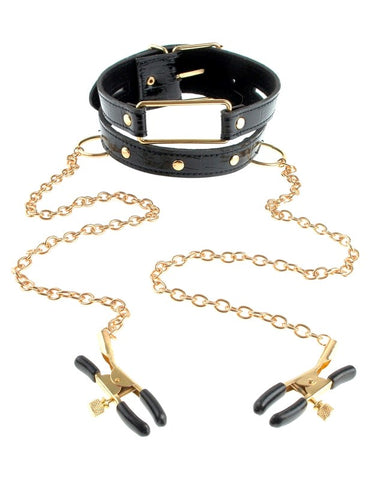 Fetish Fantasy Gold Collar and Nipple Clamps Black Adjustable BDSM Set - Nipple and Clit Clamps