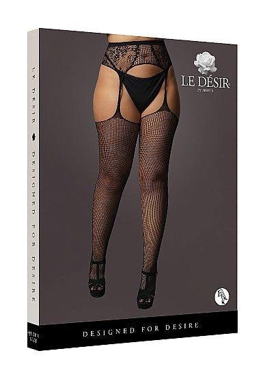 Shots Toys Fishnet and Lace Garterbelt Stockings Black Integrated Design - - Hosiery