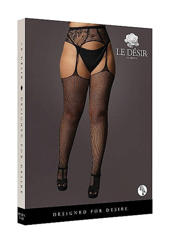 Shots Toys Fishnet and Lace Garterbelt Stockings Black Integrated Design - Hosiery