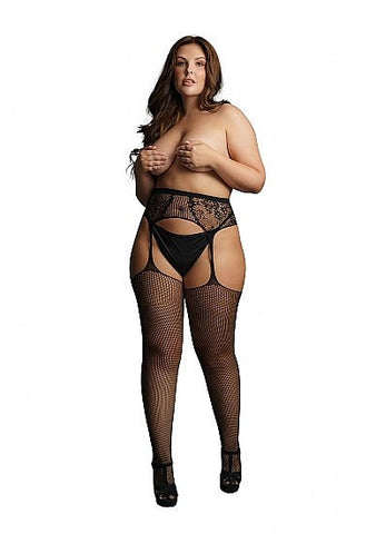 Shots Toys Fishnet and Lace Garterbelt Stockings Black Integrated Design - Hosiery