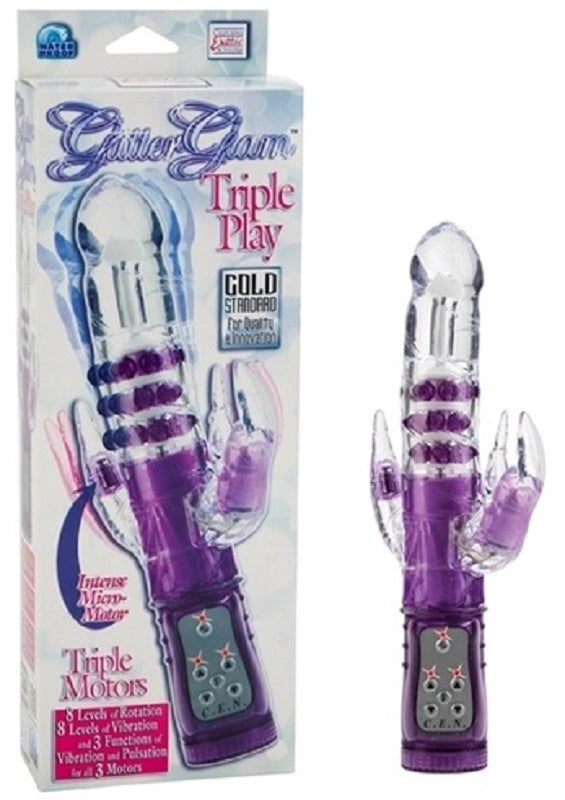 California Exotics Glitter Glam Triple Play Rabbit Vibrator Triple Motor - - Clit Ticklers and Pulsators