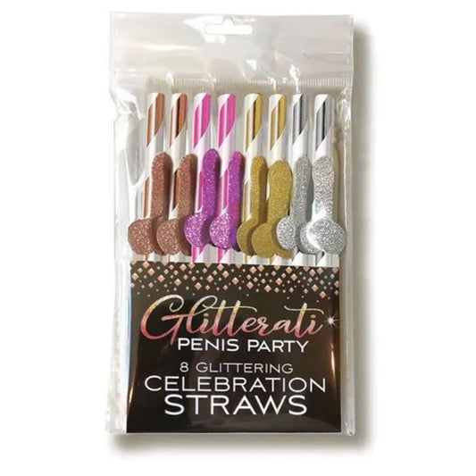 Little Genie Glitterati Celebration Straws 8 Pack Penis Applique - - Bachelorette and Bucks