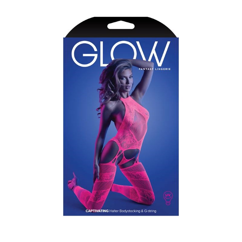 Fantasy Lingerie Glow Neon Pink Halter Bodystocking Luxurious Lingerie Set - - Hosiery