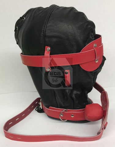 Hell Fire Slave Hood & Blindfold Faux Leather Black & Red - Bondage Hoods