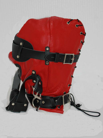 Hell Fire Slave Hood & Blindfold Faux Leather Red & Black - Bondage Hoods