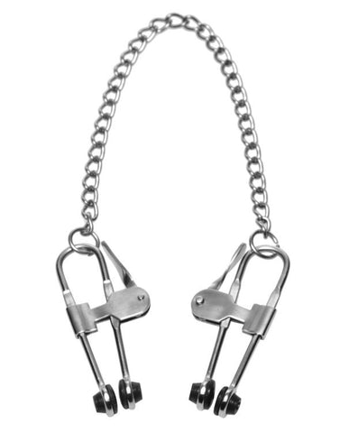 XR Brands Intensity Nipple Press Clamps With Chain Adjustable Pressure - Nipple and Clit Clamps
