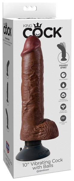 Pipedream Products King Cock 10 inch Vibrating Cock with Balls Brown Posable - - Realistic Dildos