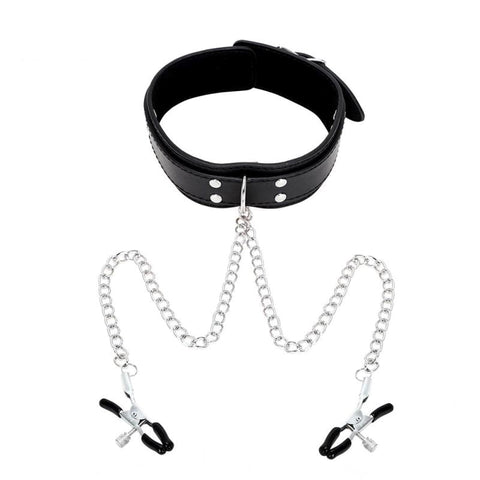BDStyle KinkCraft Slave Collar Leather and Nipple Clamps Premium Leather Set - Collars and Leads