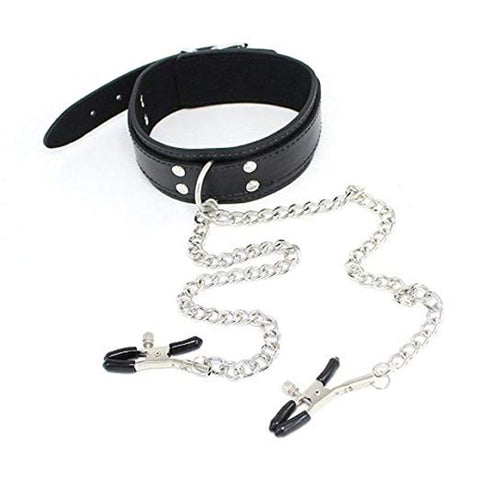 BDStyle KinkCraft Slave Collar Leather and Nipple Clamps Premium Leather Set - Collars and Leads