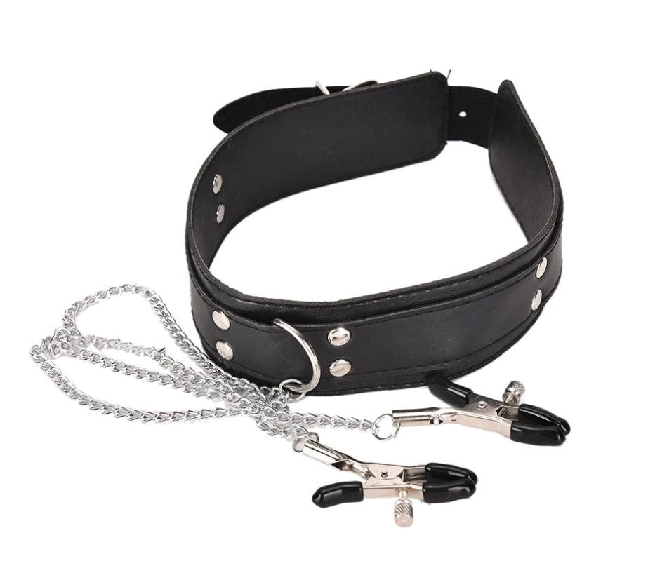 BDStyle KinkCraft Slave Collar Leather and Nipple Clamps Premium Leather Set - Collars and Leads
