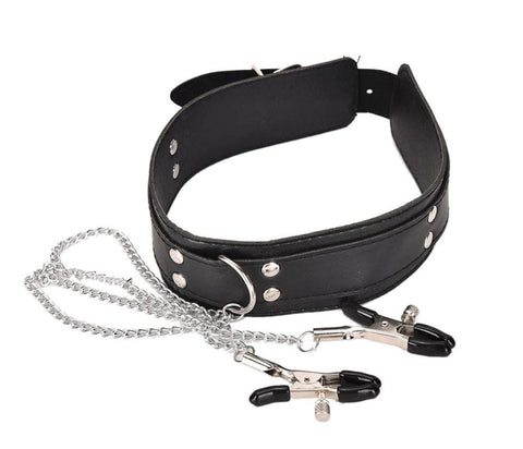 BDStyle KinkyKandi Bondage Collar Black with Nipple Clamps Power Exchange - Collars and Leads