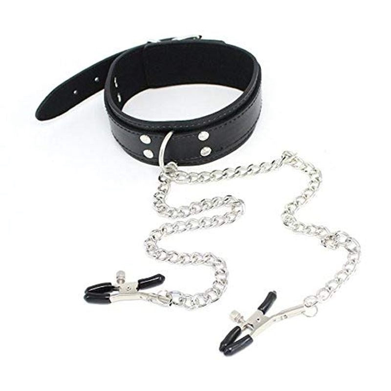 BDStyle KinkyKandi Bondage Collar Black with Nipple Clamps Power Exchange - Collars and Leads