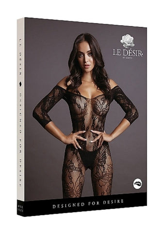 Shots Toys Lace Sleeved Bodystocking One Size Stretch Lace Open Crotch - Body Stockings