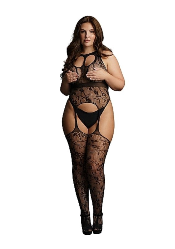 Shots Toys Lace Suspender Bodystocking with Round Neck Queen Size Lingerie - - Body Stockings