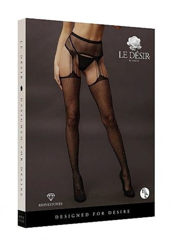 Shots Toys Le Desir Suspender Rhinestone Pantyhose Black with Rhinestones - Hosiery