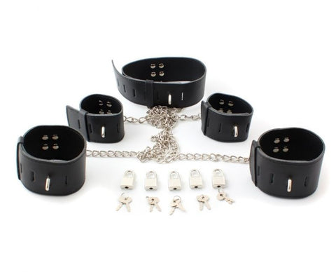 Hells Couture Licks & Lashes Leather Wrist Ankle Choker Restraint Set - Cuffs and Restraints