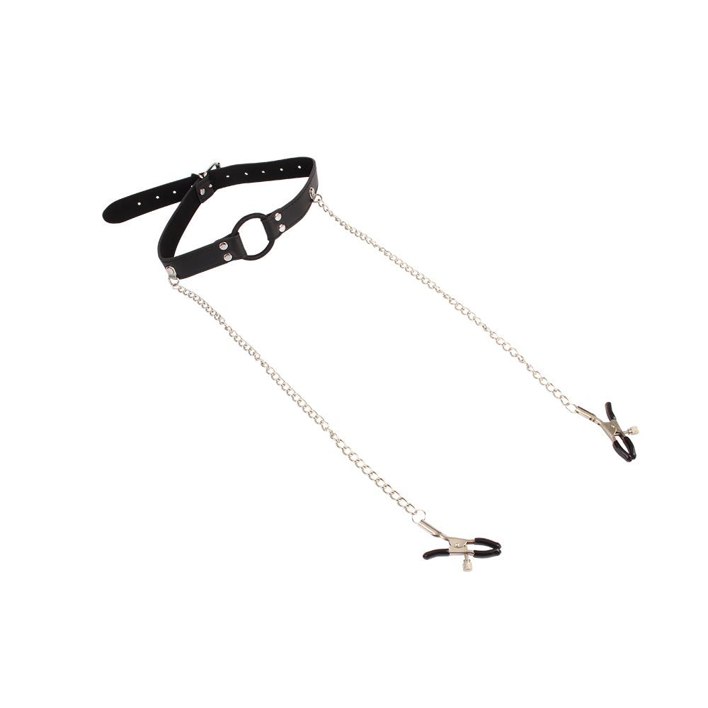 Chisa Breathable O-ring Gag with Nipple Clamps - Bondage Gags and Bits