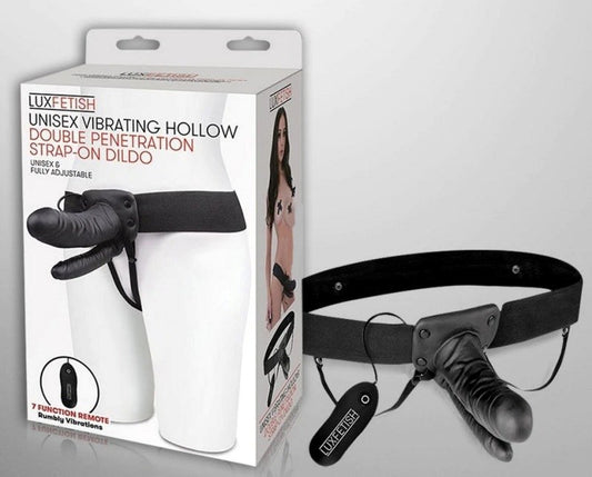 Lux Fetish Unisex Vibrating Hollow Double Penetration Strap On with Dual Action - - Strap On Sextoys