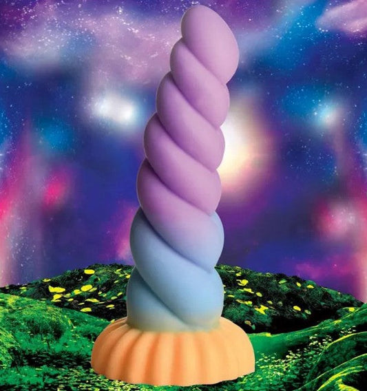XR Brands Mystique Silicone Unicorn Dildo with Spiral Textured Design - - Non-Realistic Dildos